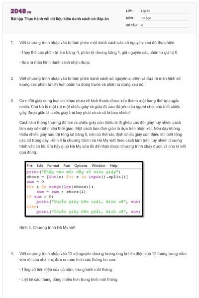 Bài tập Thực hành với dữ liệu kiểu danh sách có đáp án