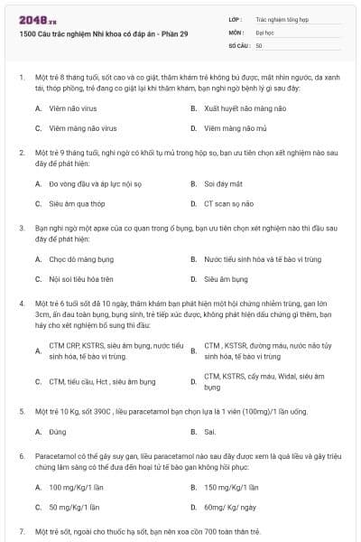 1500 Câu trắc nghiệm Nhi khoa có đáp án - Phần 29
