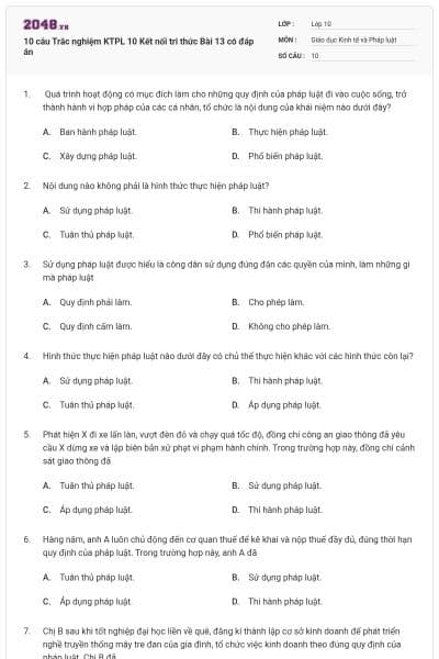 10 câu Trắc nghiệm KTPL 10 Kết nối tri thức Bài 13 có đáp án
