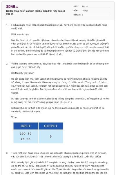 Bài tập Thực hành lập trình giải bài toán trên máy tính có đáp án