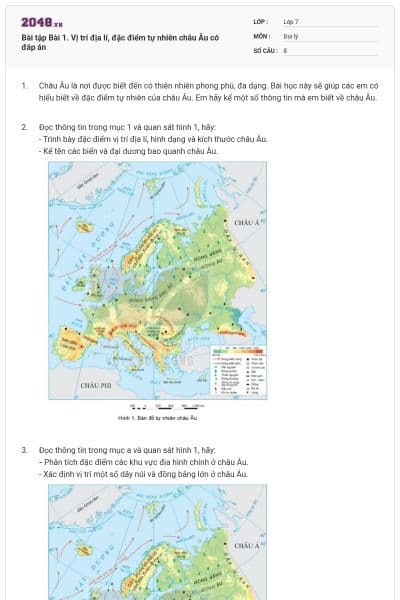 Bài tập Bài 1. Vị trí địa lí, đặc điểm tự nhiên châu Âu có đáp án