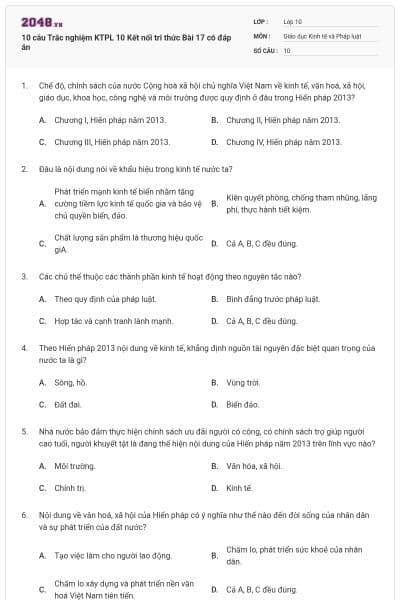 10 câu Trắc nghiệm KTPL 10 Kết nối tri thức Bài 17 có đáp án