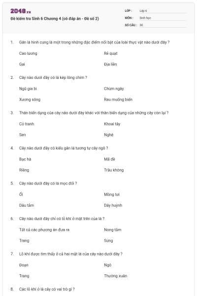 Đề kiểm tra Sinh 6 Chương 4 (có đáp án - Đề số 2)