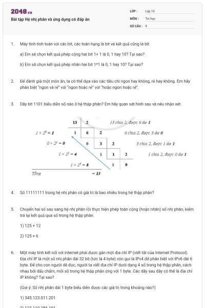 Bài tập Hệ nhị phân và ứng dụng có đáp án