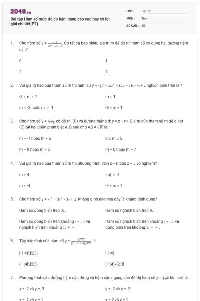 Bài tập Hàm số mức độ cơ bản, nâng cao cực hay có lời giải chi tiết(P7)