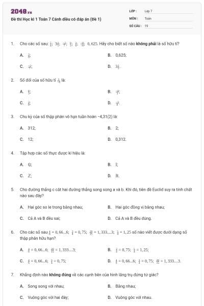 Đề thi Học kì 1 Toán 7 Cánh diều có đáp án (Đề 1)