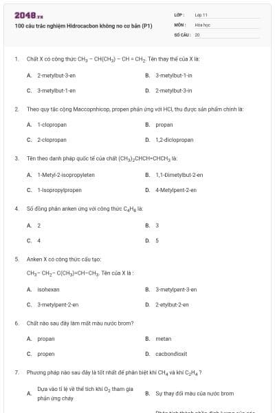 100 câu trắc nghiệm Hidrocacbon không no cơ bản (P1)