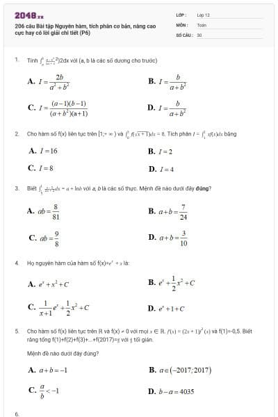 206 câu Bài tập Nguyên hàm, tích phân cơ bản, nâng cao cực hay có lời giải chi tiết (P6)
