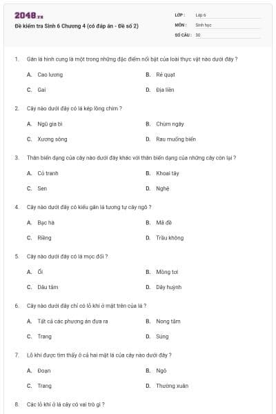 Đề kiểm tra Sinh 6 Chương 4 (có đáp án - Đề số 2)