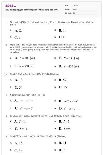 200 Bài tập nguyên hàm tích phân cơ bản, nâng cao (P9)