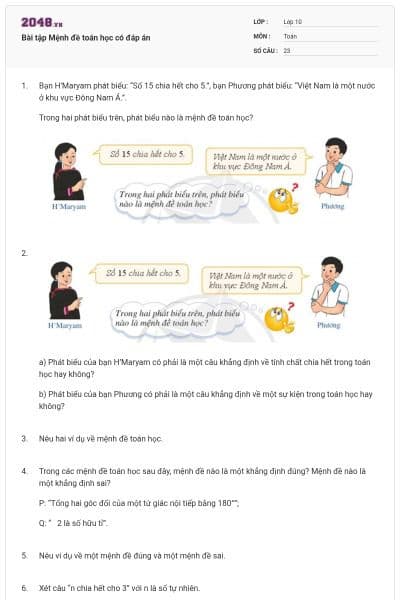 Bài tập Mệnh đề toán học có đáp án