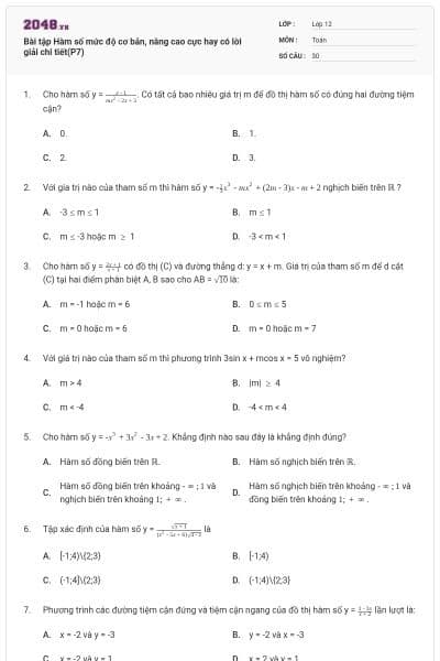 Bài tập Hàm số mức độ cơ bản, nâng cao cực hay có lời giải chi tiết(P7)