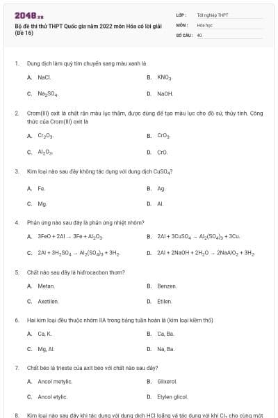 Bộ đề thi thử THPT Quốc gia năm 2022 môn Hóa có lời giải (Đề 16)