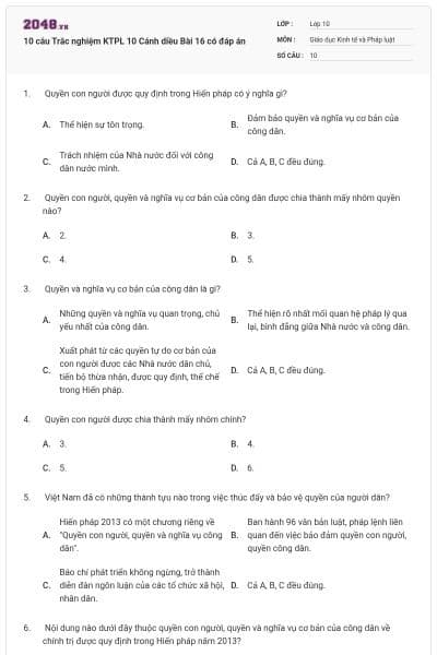 10 câu Trắc nghiệm KTPL 10 Cánh diều Bài 16 có đáp án