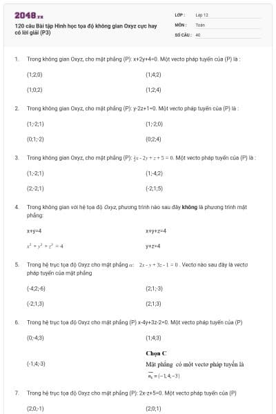 120 câu Bài tập Hình học tọa độ không gian Oxyz cực hay có lời giải (P3)