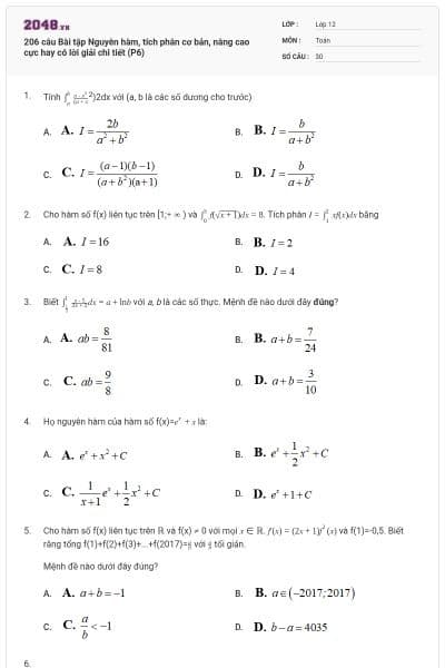 206 câu Bài tập Nguyên hàm, tích phân cơ bản, nâng cao cực hay có lời giải chi tiết (P6)