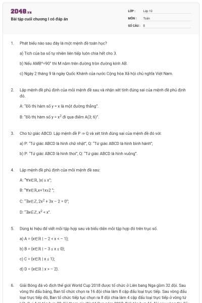 Bài tập cuối chương I có đáp án