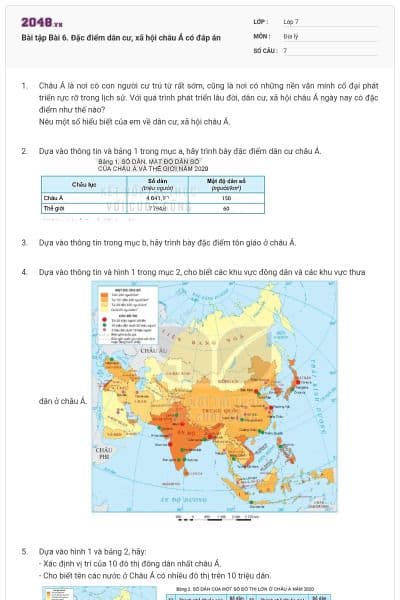 Bài tập Bài 6. Đặc điểm dân cư, xã hội châu Á có đáp án