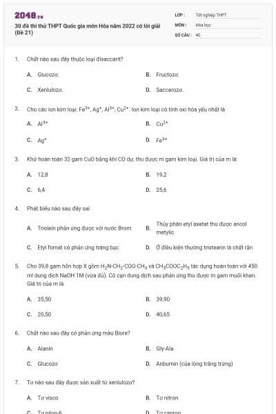 30 đề thi thử THPT Quốc gia môn Hóa năm 2022 có lời giải (Đề 21)
