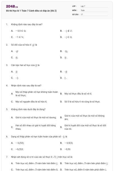 Đề thi Học kì 1 Toán 7 Cánh diều có đáp án (Đề 2)