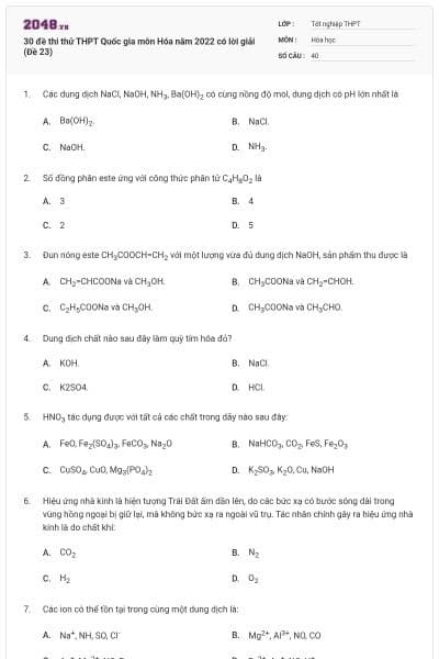 30 đề thi thử THPT Quốc gia môn Hóa năm 2022 có lời giải (Đề 23)