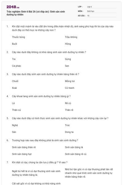 Trắc nghiệm Sinh 6 Bài 26 (có đáp án): Sinh sản sinh dưỡng tự nhiên