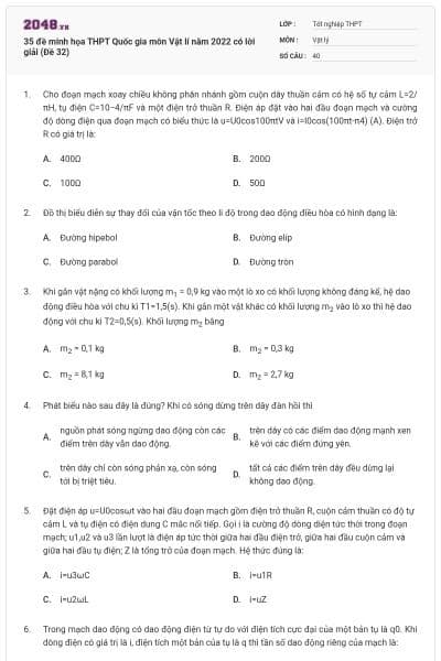 35 đề minh họa THPT Quốc gia môn Vật lí năm 2022 có lời giải (Đề 32)