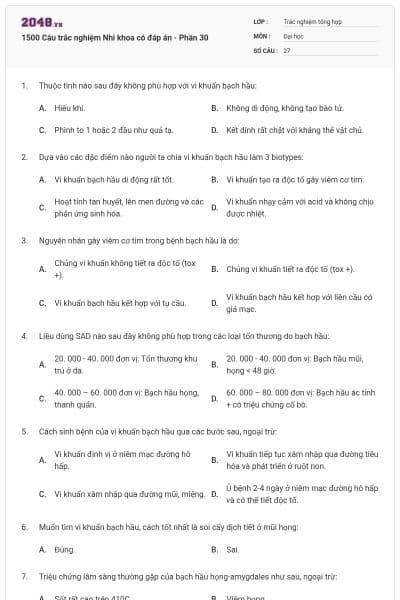 1500 Câu trắc nghiệm Nhi khoa có đáp án - Phần 30