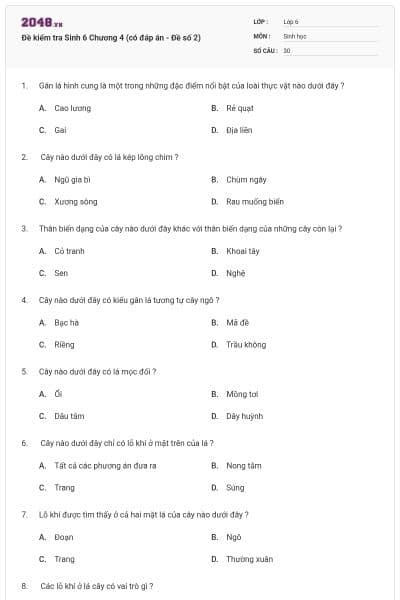 Đề kiểm tra Sinh 6 Chương 4 (có đáp án - Đề số 2)