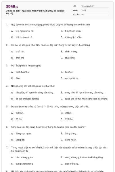 30 đề thi THPT Quốc gia môn Vật lí năm 2022 có lời giải ( Đề 12)