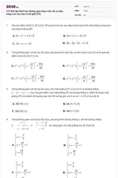 274 Bài tập Hình học không gian Oxyz mức độ cơ bản, nâng cao cực hay có lời giải (P5)