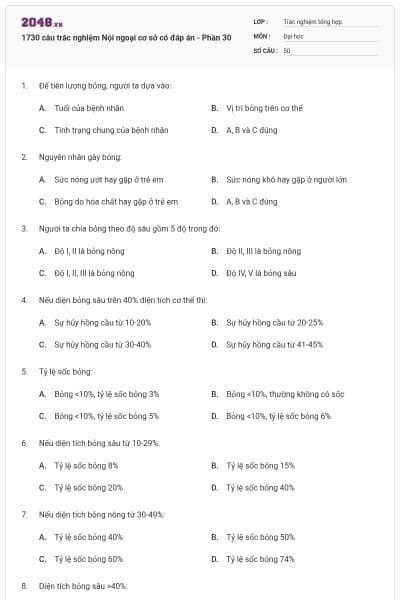 1730 câu trắc nghiệm Nội ngoại cơ sở có đáp án - Phần 30