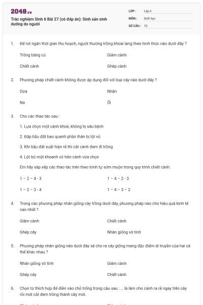 Trắc nghiệm Sinh 6 Bài 27 (có đáp án): Sinh sản sinh dưỡng do người