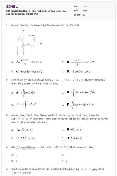206 câu Bài tập Nguyên hàm, tích phân cơ bản, nâng cao cực hay có lời giải chi tiết (P7)