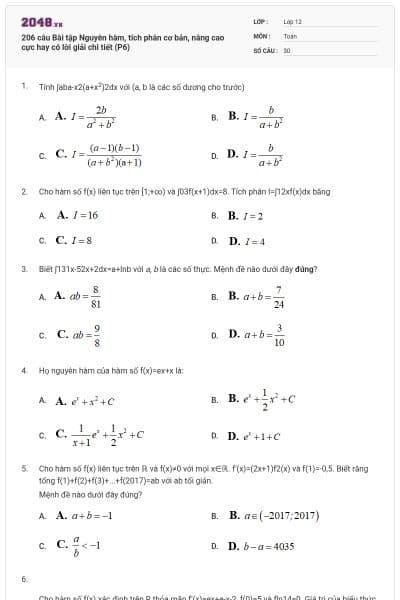 206 câu Bài tập Nguyên hàm, tích phân cơ bản, nâng cao cực hay có lời giải chi tiết (P6)