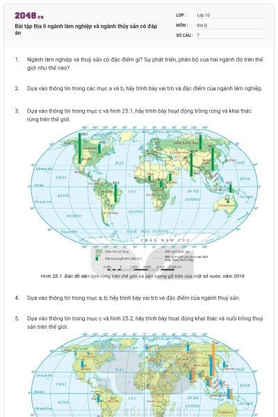 Bài tập Địa lí ngành lâm nghiệp và ngành thủy sản có đáp án