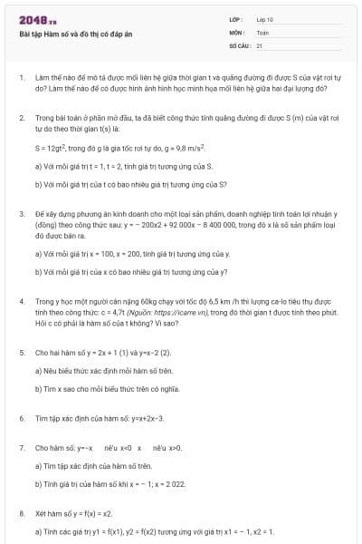 Bài tập Hàm số và đồ thị có đáp án