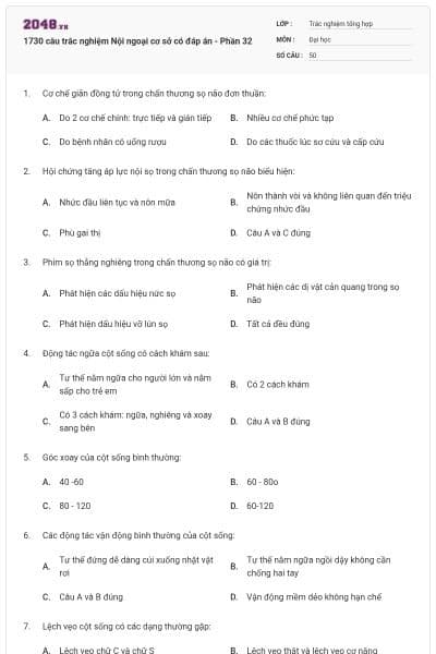 1730 câu trắc nghiệm Nội ngoại cơ sở có đáp án - Phần 32
