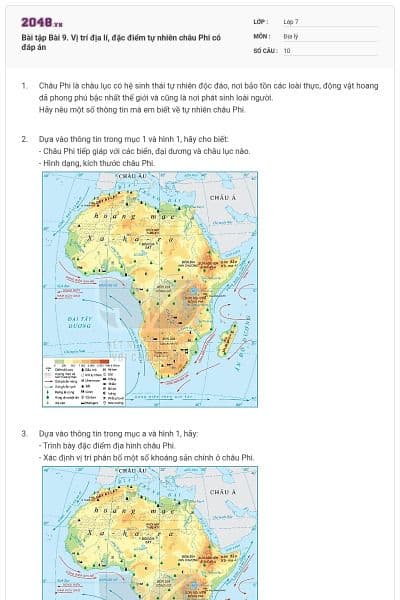 Bài tập Bài 9. Vị trí địa lí, đặc điểm tự nhiên châu Phi có đáp án