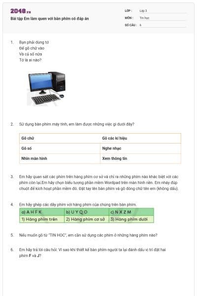 Bài tập Em làm quen với bàn phím có đáp án