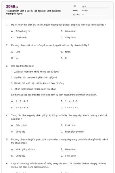 Trắc nghiệm Sinh 6 Bài 27 (có đáp án): Sinh sản sinh dưỡng do người