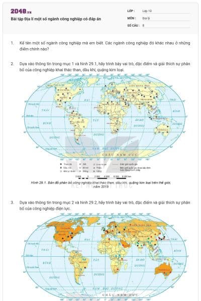 Bài tập Địa lí một số ngành công nghiệp có đáp án