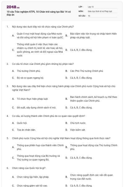 10 câu Trắc nghiệm KTPL 10 Chân trời sáng tạo Bài 14 có đáp án