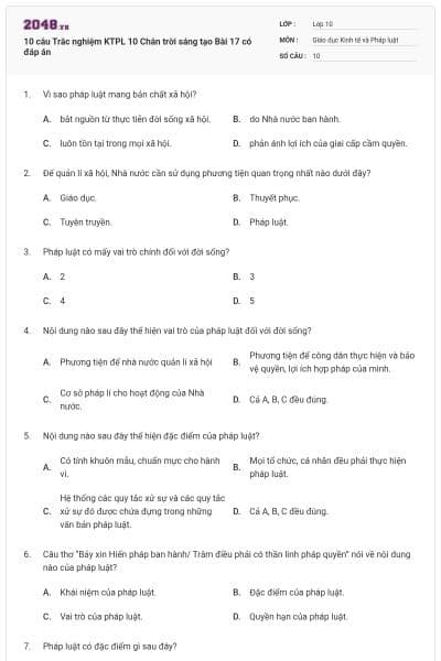 10 câu Trắc nghiệm KTPL 10 Chân trời sáng tạo Bài 17 có đáp án