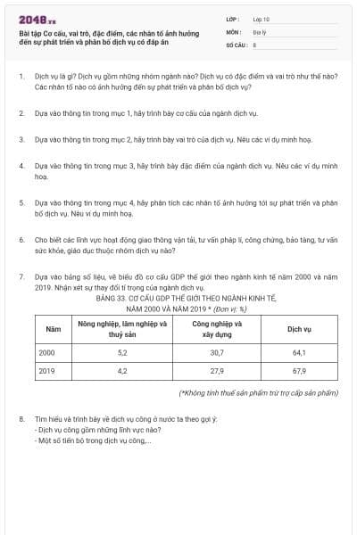 Bài tập Cơ cấu, vai trò, đặc điểm, các nhân tố ảnh hưởng đến sự phát triển và phân bố dịch vụ có đáp án