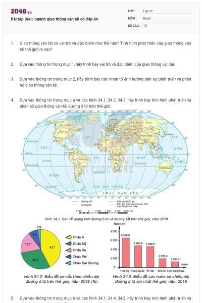 Bài tập Địa lí ngành giao thông vận tải có đáp án