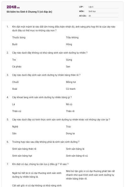 Đề kiểm tra Sinh 6 Chương 5 (có đáp án)