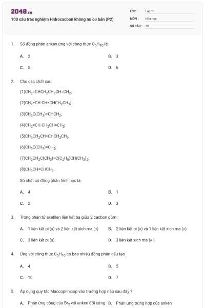 100 câu trắc nghiệm Hidrocacbon không no cơ bản (P2)