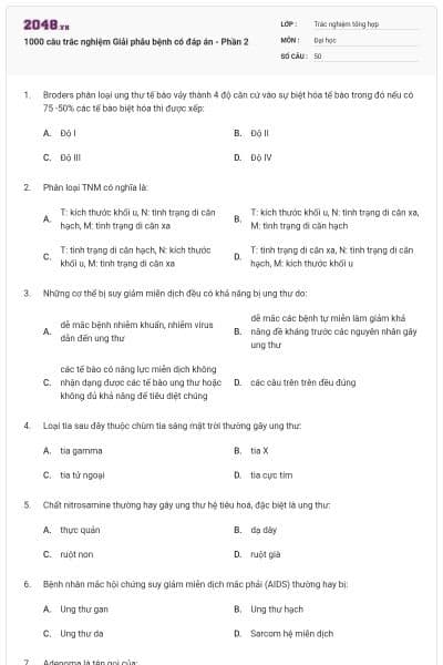 1000 câu trắc nghiệm Giải phẫu bệnh có đáp án - Phần 2