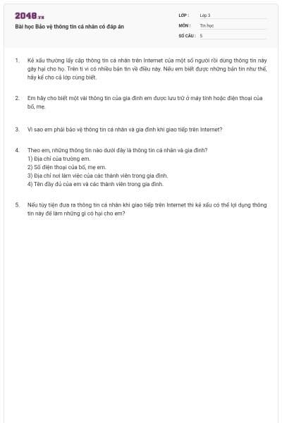 Bài học Bảo vệ thông tin cá nhân có đáp án